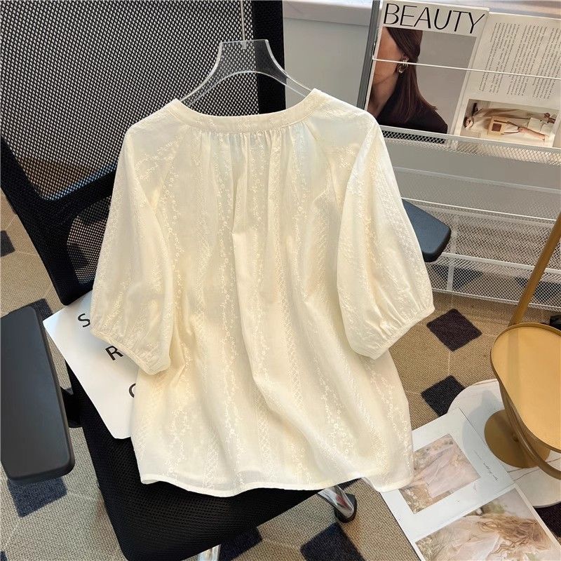 フレンチレトロ刺繍半袖シャツ女性のための夏の2025新しいルーズスリム西洋スタイル年齢軽減ベビードールシャツトップ|undefined