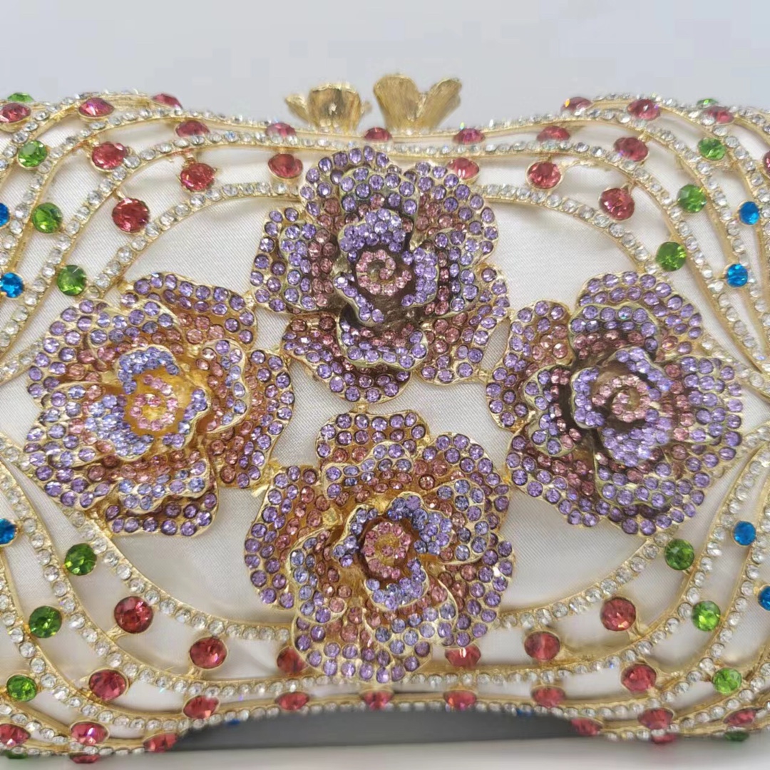 Túi clutch nữ cầm tay đính đá rhinestone dạ hội cao cấp phong cách Âu Mỹ — Màu tím trắng, Màu vàng quất, Vàng Pha Lê, Nền vàng kim cương trắng