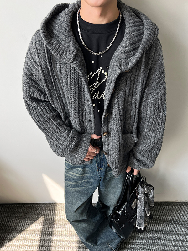 重磅麻花针织开衫男秋季美式复古连帽毛衣潮牌慵懒风纽扣情侣外套|undefined