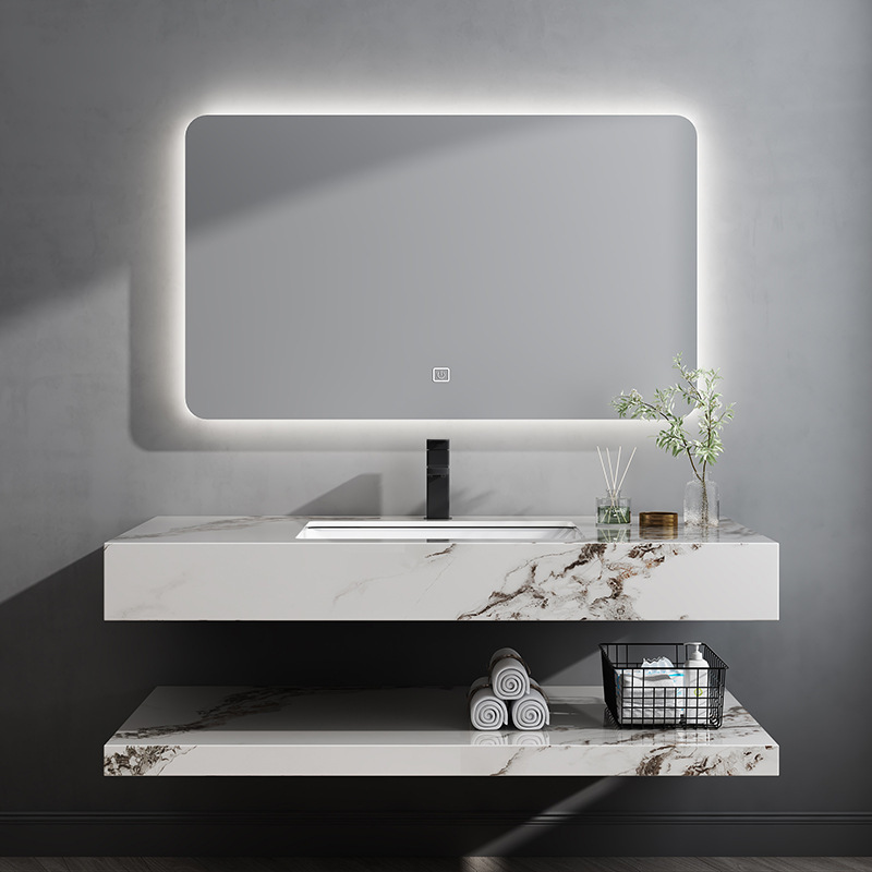 Pequeno oso personalizado espejo inteligente lavabo cerámico de placa de roca lavabo doble capa baño gabinete conjunto de gabinete de baño