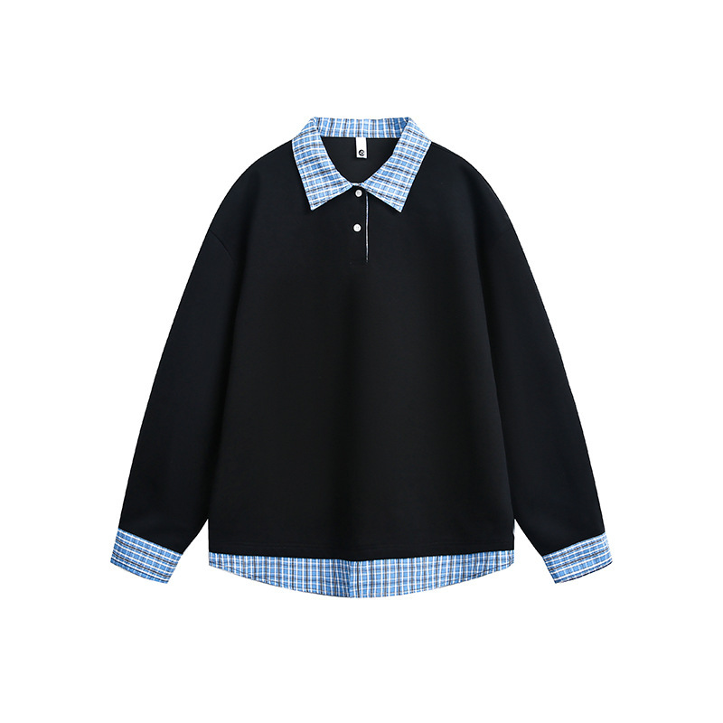 衣品家藏蓝格纹假两件拼接polo长袖卫衣cleanfit休闲青少年上衣男|undefined