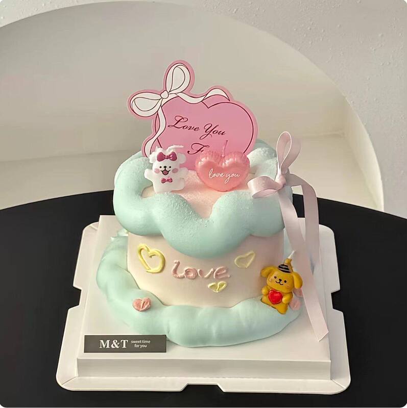Internet Celebrity Valentine's Day Cartoon Cute Puppy Holding a Heart Candle Cake Decoration Ornament Couple's Anniversary