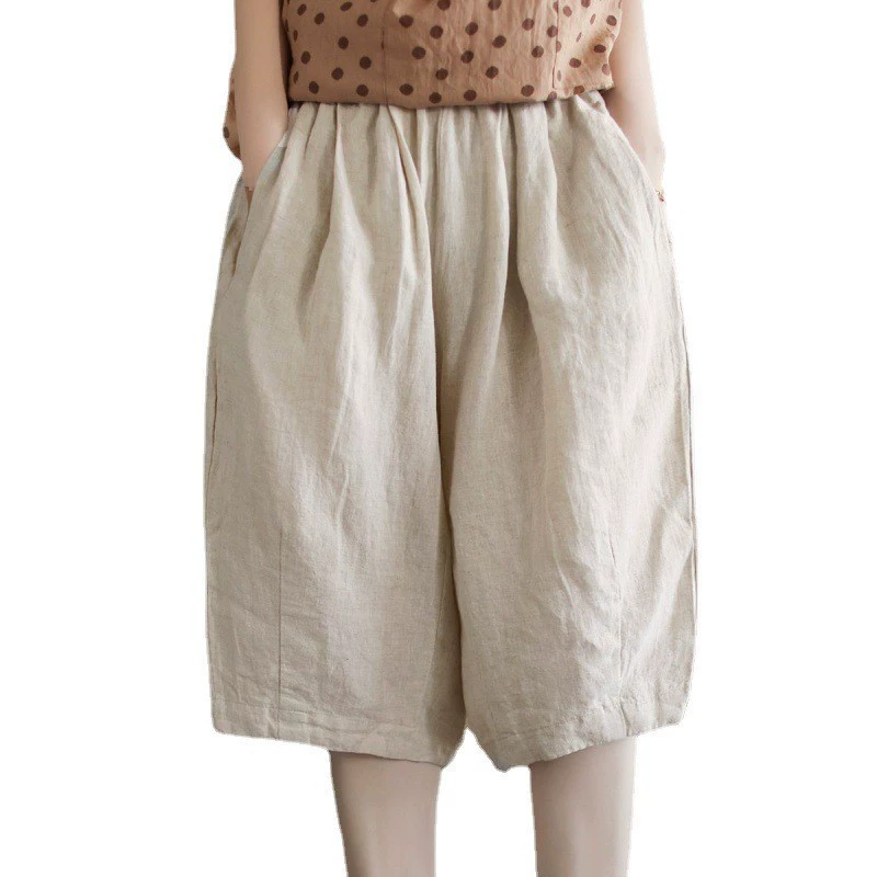 Retro trousers, (Physicals), cotton and linen, elastic waist, plus size