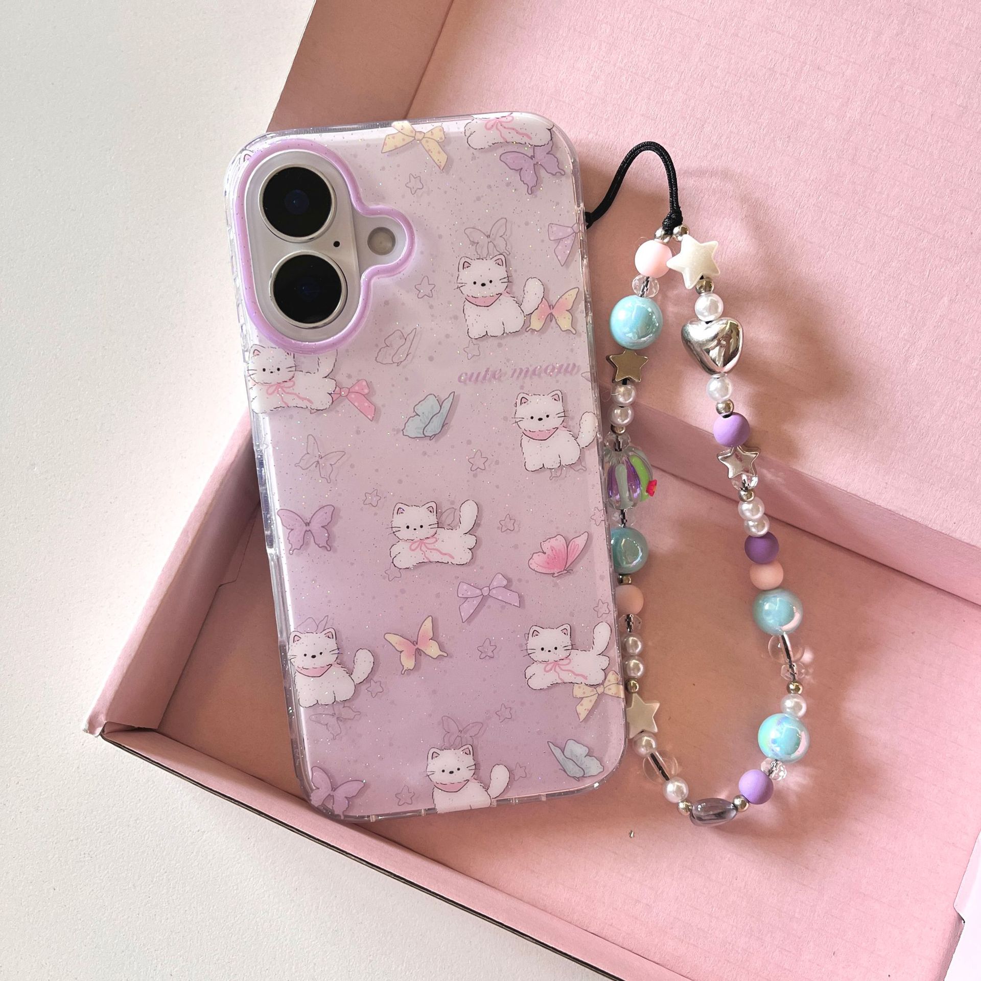 Gato con lazo morado lindo coreano para Apple 16ProMax funda para teléfono móvil 15/14 niña 13 mujer 15P
