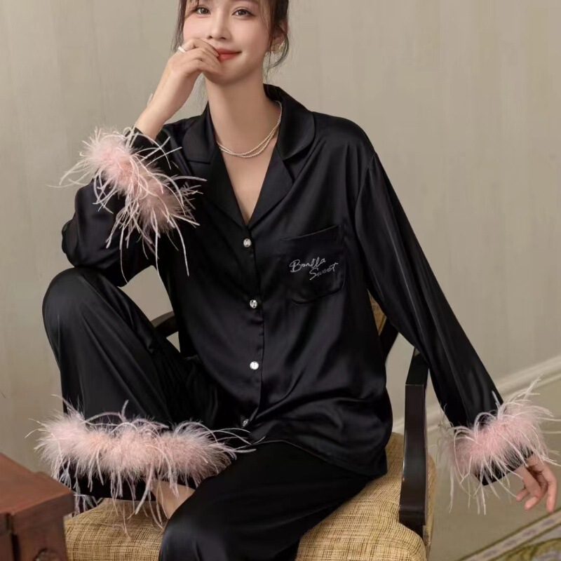 Spring and Autumn New Ice Silk Pajamas Women's Two-piece Feather Long-sleeved Trousers High-grade Silk Home Clothes suit Spring and Autumn New Ice Silk Pajamas Women's Two-piece Feather Long-sleeved Trousers High-grade Silk Home Clothes suit