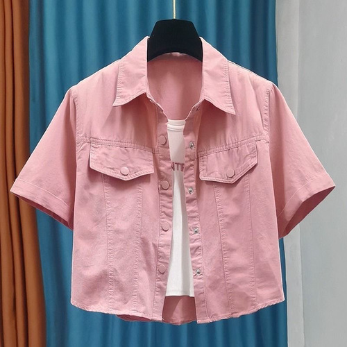 Korean-style stylish workwear fashion loose-match short-sleeve shirt jacket for women summer petite anti-aging top