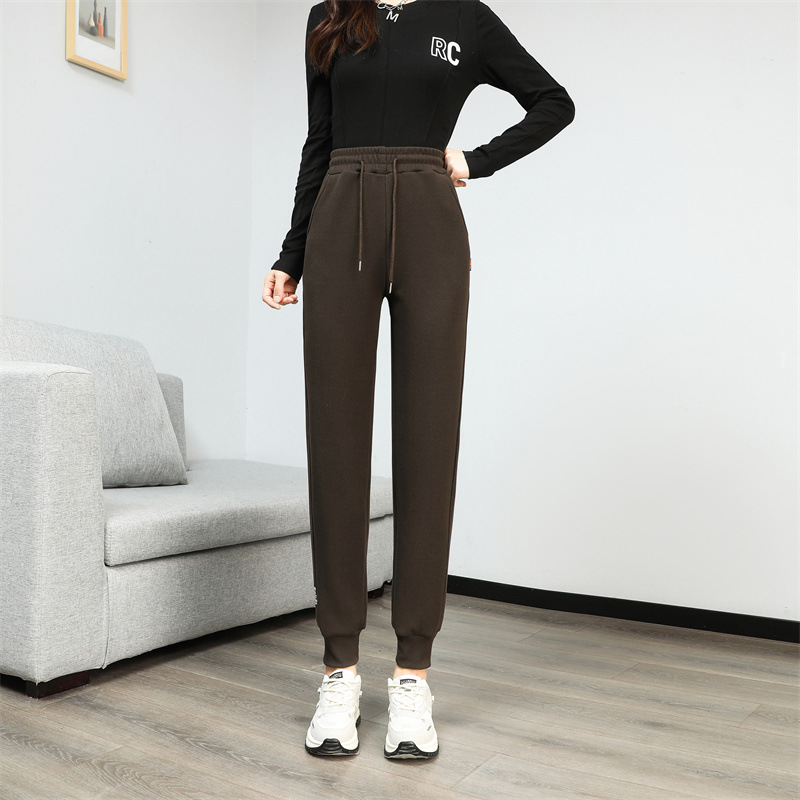 法米姿 羊羔绒运动加绒裤女新款加厚卫裤高腰显瘦束脚休闲裤哈伦