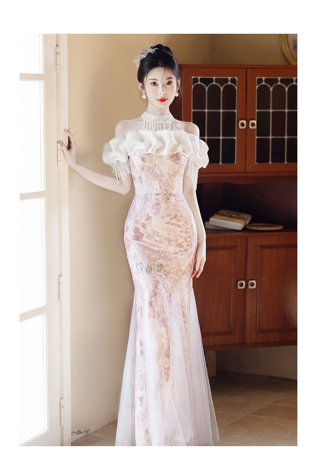 Pink Mermaid Style Bridal Gown Halter Neck off Shoulder Evening Dress Understated Luxury Niche Adult Emcee Morning Robe Toasting Dress_ecoleips.com