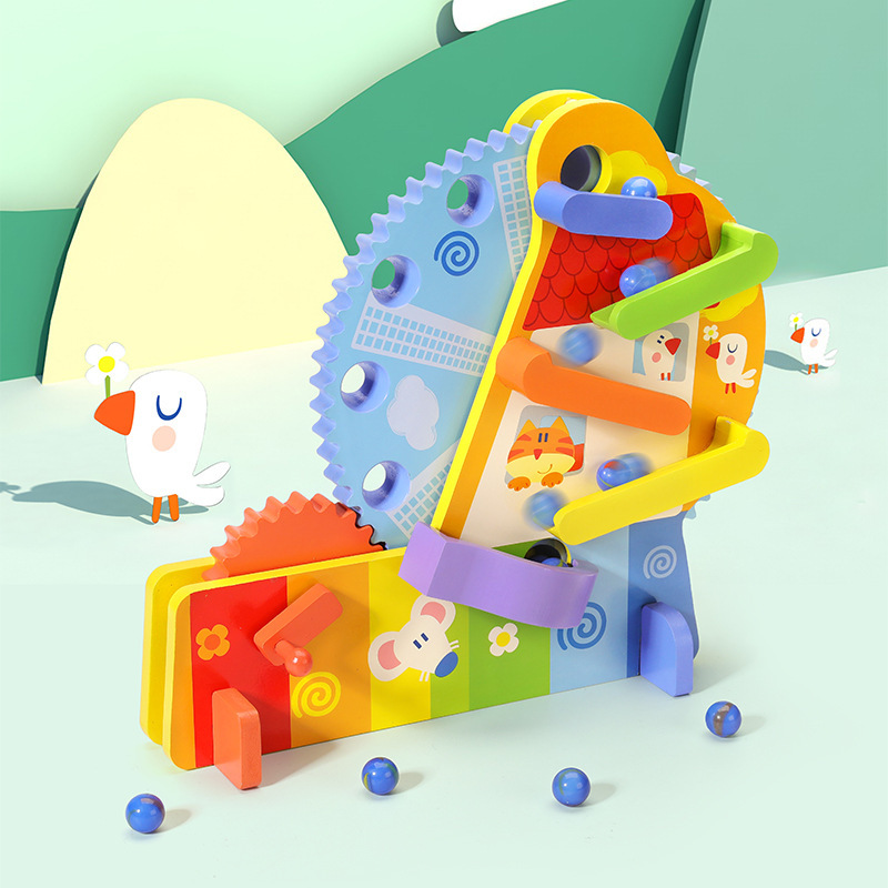 Noria de manivela de madera, material didáctico Montessori, rastreador visual, reconocimiento de color, pista de bolas, bloque de construcción, juguete, juego interactivo