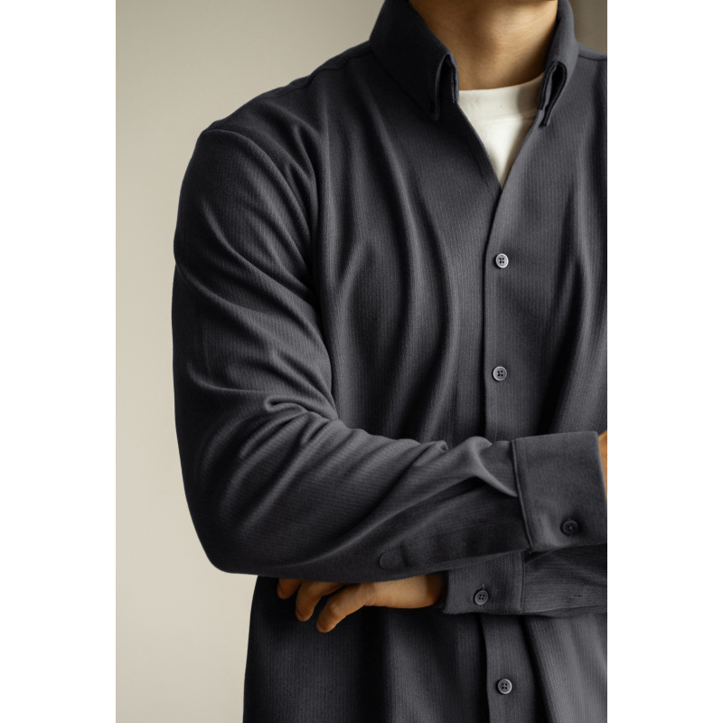 オールドマネー風蓄熱保温ウール素材小Vネック長袖シャツメンズ2026春ルーズカジュアルラペルシャツ