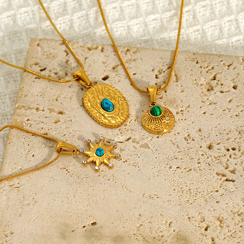 All Seasons Season Wholesale Jewelry IG Style Geometric 304 Stainless Steel Turquoise Zircon 18K Gold Plated Inlay Pendant Necklace Snake Chain