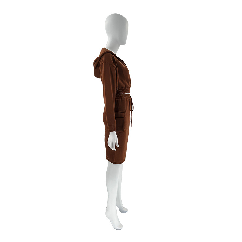Women's Skirt Suit V Neck Hooded Solid Colour Long Sleeve Set_voghion.com