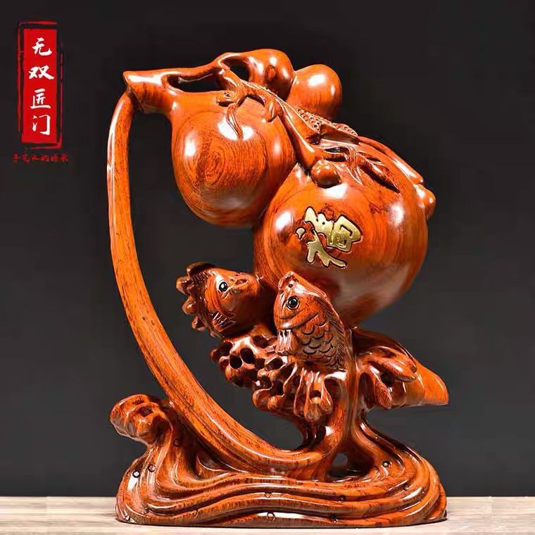 花梨木雕葫芦摆件实木中式福禄有余客厅办公家居红木工艺品户外