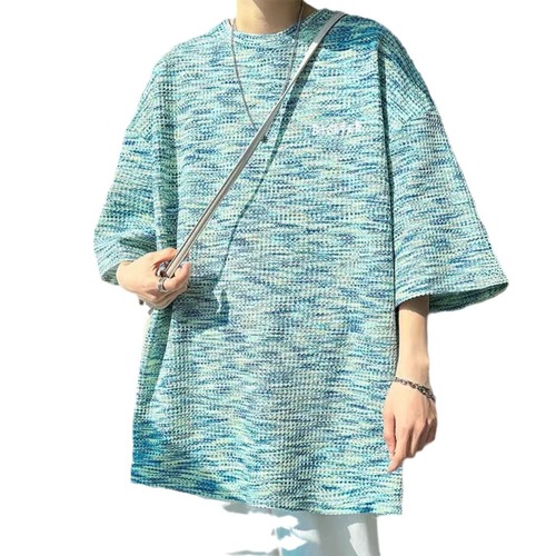 Men's Summer Embroidered Design T-Shirt with Relaxed Oversize Five-Pointer and Wafer Grid