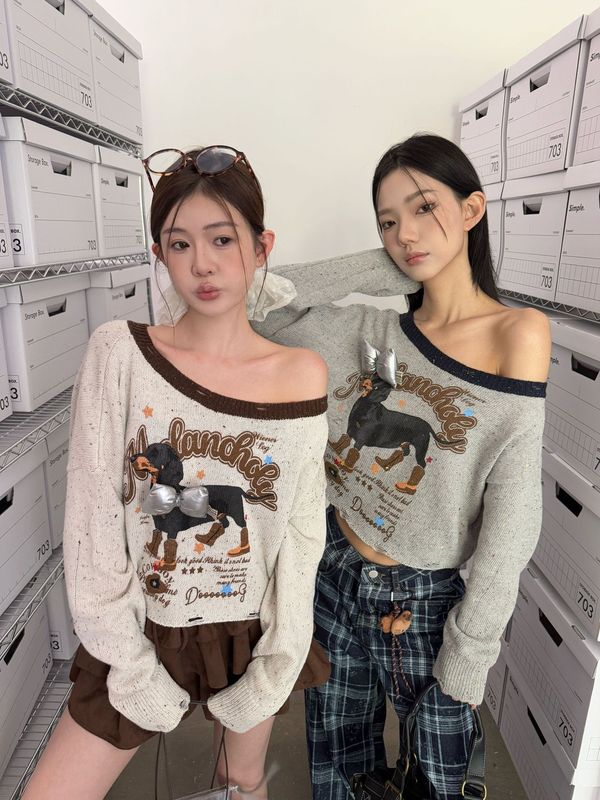 ME KAKAMEE十三行秋混纱彩点工艺喷画腊肠狗短款斜肩针织衫女6008|undefined