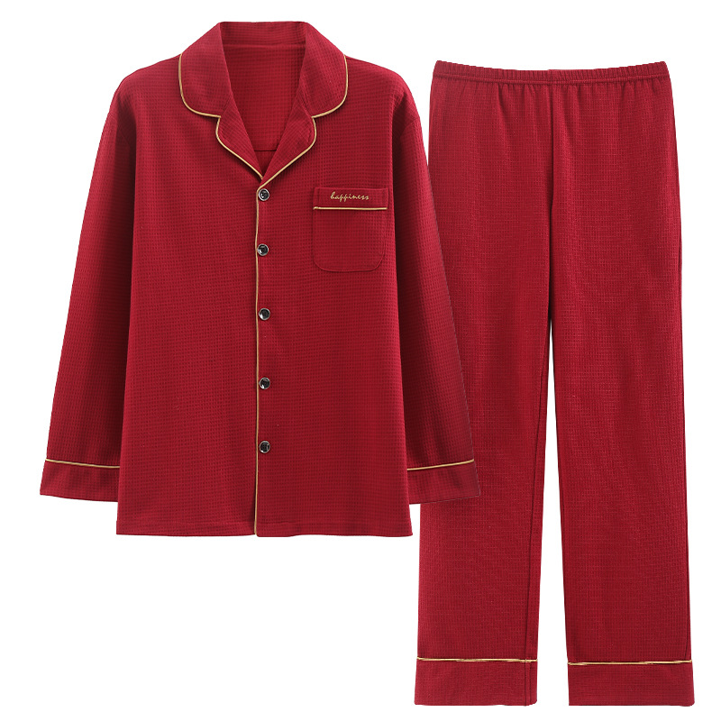Otoño de los hombres recién casados de algodón de manga larga de color rojo brillante ropa para el hogar cardigan festivo de algodón puro más el traje de tamaño pijama de los hombres