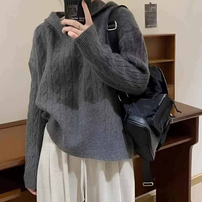 Модный корейский винтажный ретро свитер с капюшоном женский осень-зима новый свободный ленивый стиль колледжа дикий трикотажный топ