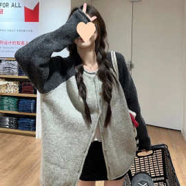 韩系软糯撞色毛衣外套女秋冬季宽松慵懒高级松弛感休闲款针织开衫