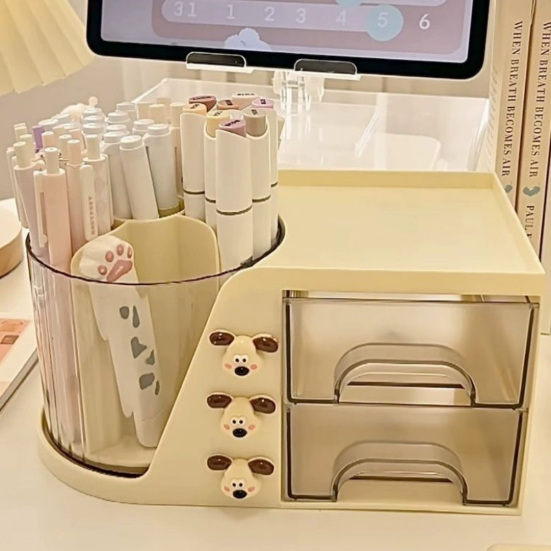 Вращающийся на 360 градусов ящик для хранения с держателем для ручек, простой, красивый, большой вместительности, ящик для хранения на рабочем столе в студенческом общежитии