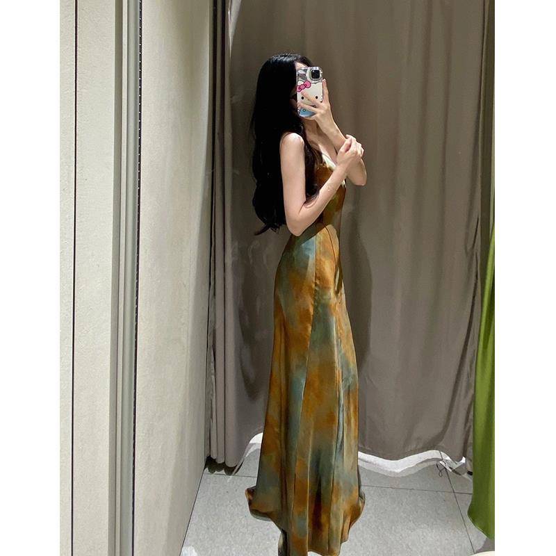 European and American Style Cross-Border Supply Extra Long French Retro Oil Painting Style Backless Suspender Skirt Dress Long Skirt for Women