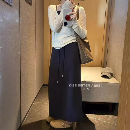 Waist-cinching knit half skirt, slimming, solid color, versatile, large swing A-line long dress, cashmere dress
