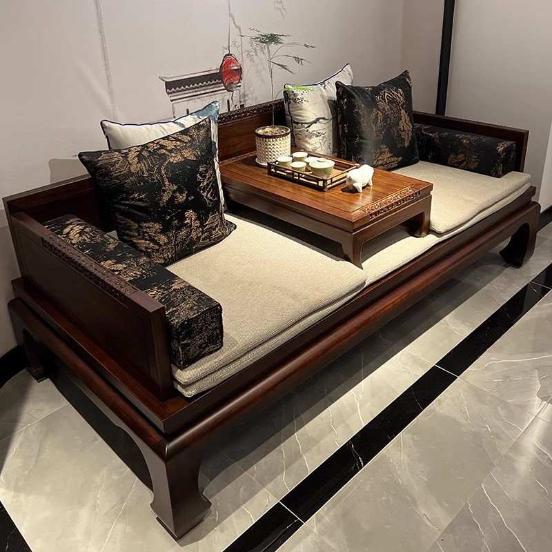 ✅ New Chinese-Style Solid Wood Luohan Bed with Zen-Inspired Carved Patterns, Modern Minimalist Living Room Sofa Set in Black Walnut Wood