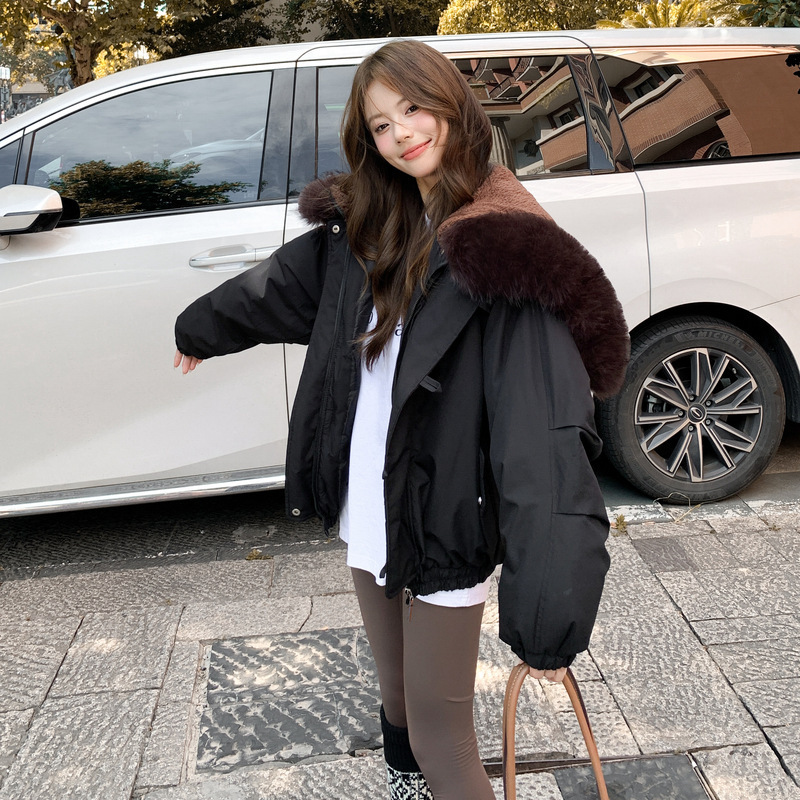外贸美式复古大毛领连帽棉服女冬季外套2025年新款牛角扣加厚棉衣|undefined