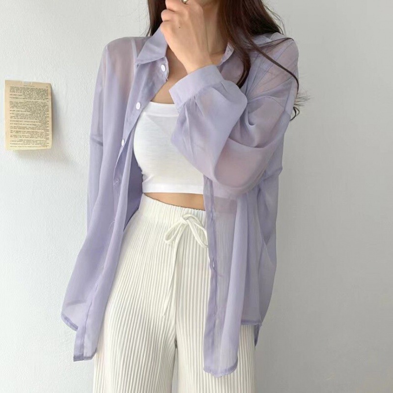 White Pearlescent Sun Protection Shirt Women's Thin See-through Outer Shirt Summer New Design Chiffon Shirt Top Clothes