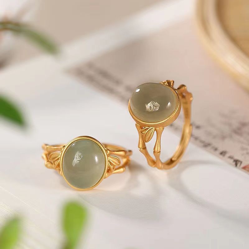 Hetian Jade Oval Bamboo Ring Vintage Open Adjustable Designer Ring_voghion.com
