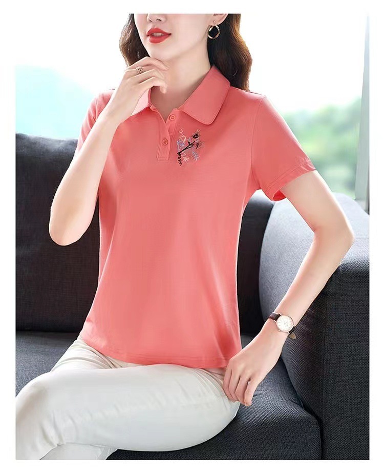 レディース ポロシャツ 花刺繍ワンポイント半袖レディースポロシャツ