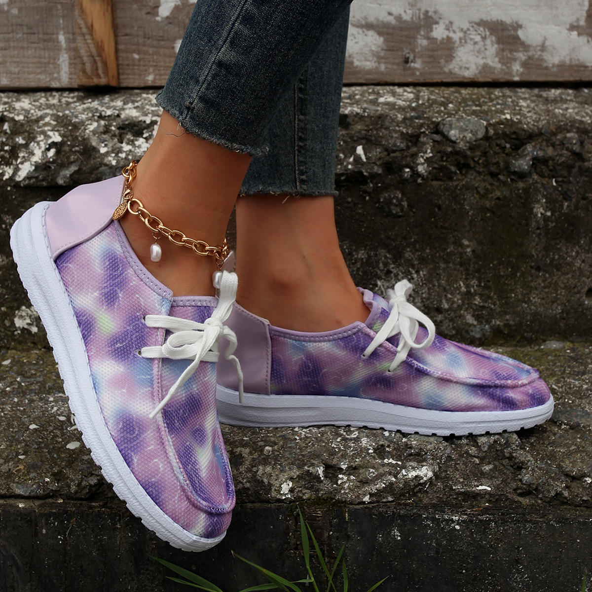 Women's Shoes large size color matching low top shoes flat round head graffiti canvas breathable sneakers _voghion.com