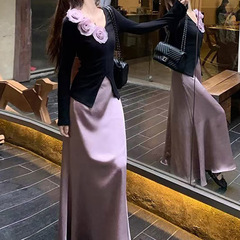 秋季女装套装轻奢高级感女人味立体花朵长袖上衣缎面半身裙两件套