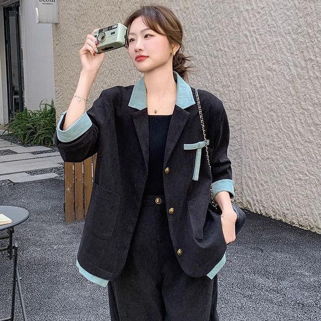 韩版高级感牛仔拼接西装外套阔腿裤两件套女春春秋新款长裤套装|undefined
