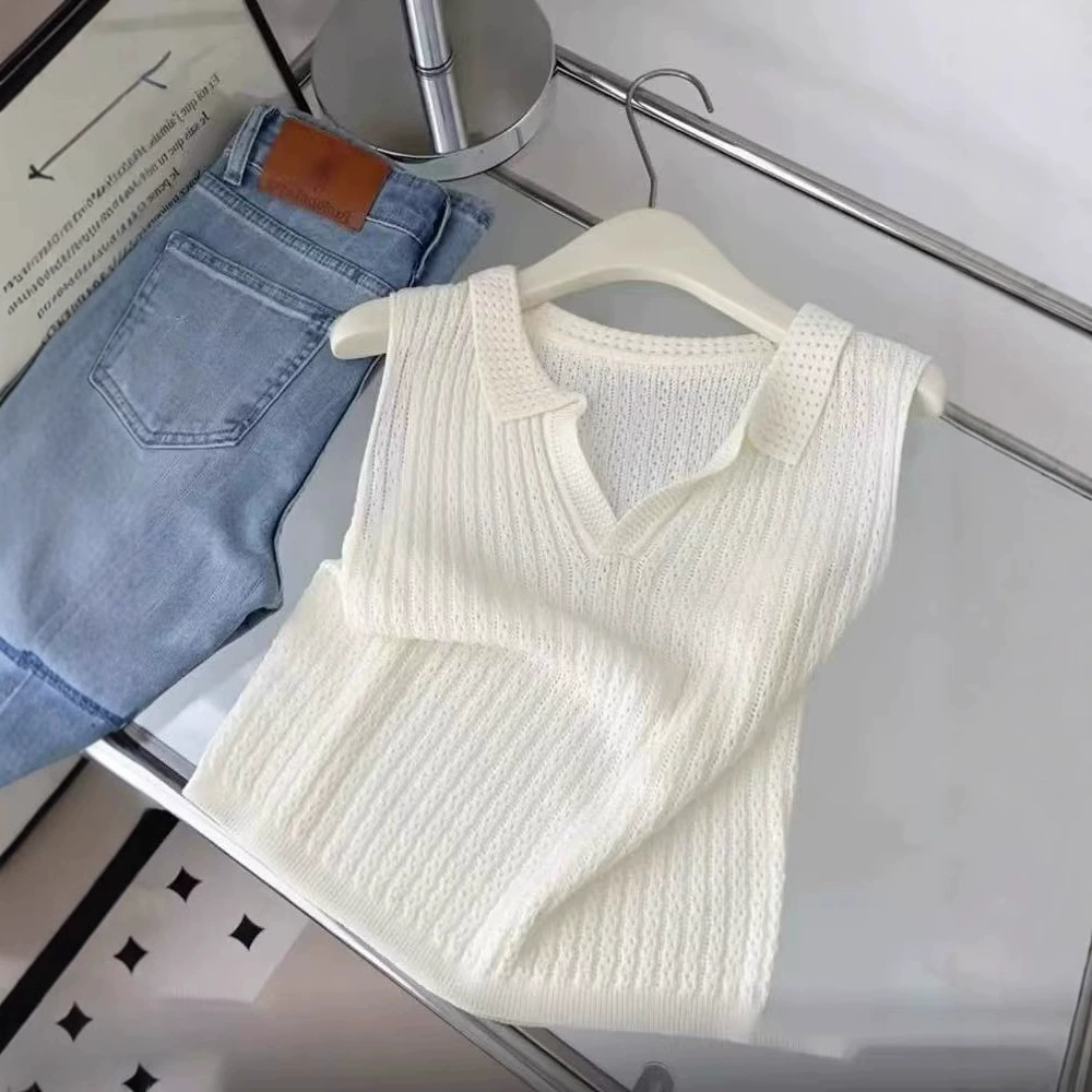 Hangzhou Sijiqing, элитный популярный стиль ~ корейский стиль, вязаный жилет с вырезом и воротником-поло для женщин, летний сексуальный элегантный топ