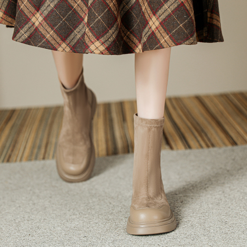 Slimming Suede Platform Sock Boots For Women Round Toe Autumn Winter_voghion.com