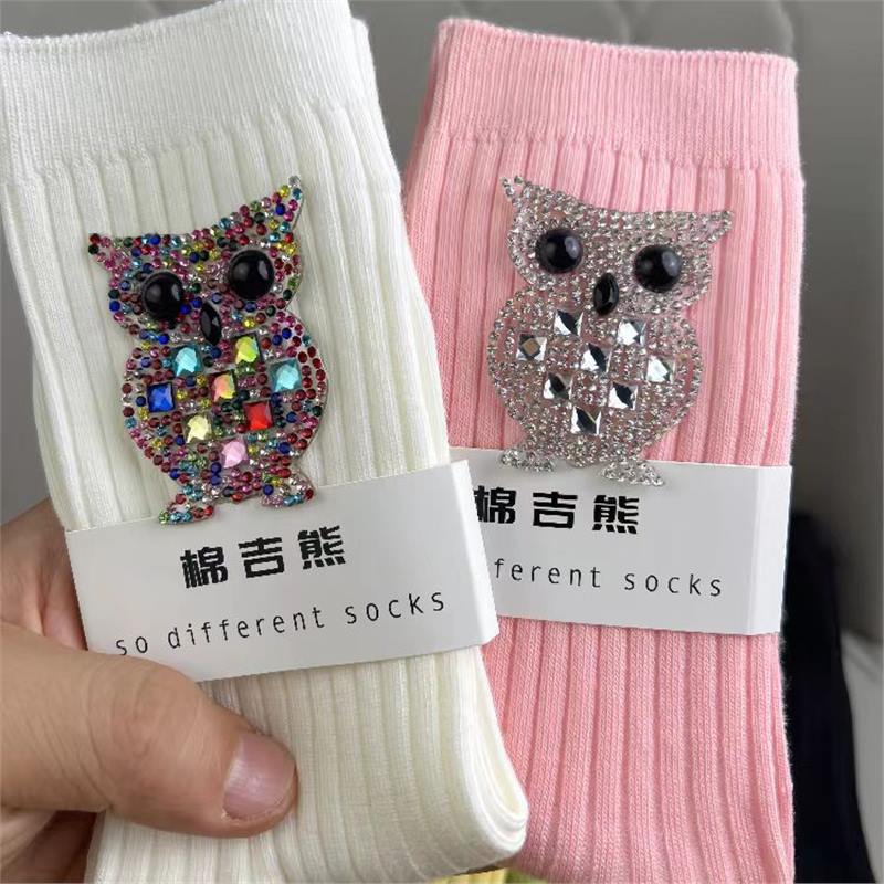Korean Style Fashion Rhinestone Owl Decorative Socks with a Sense of Design, Versatile and Stylish Slouch Socks, Mid-Tube Cotton Socks Ins