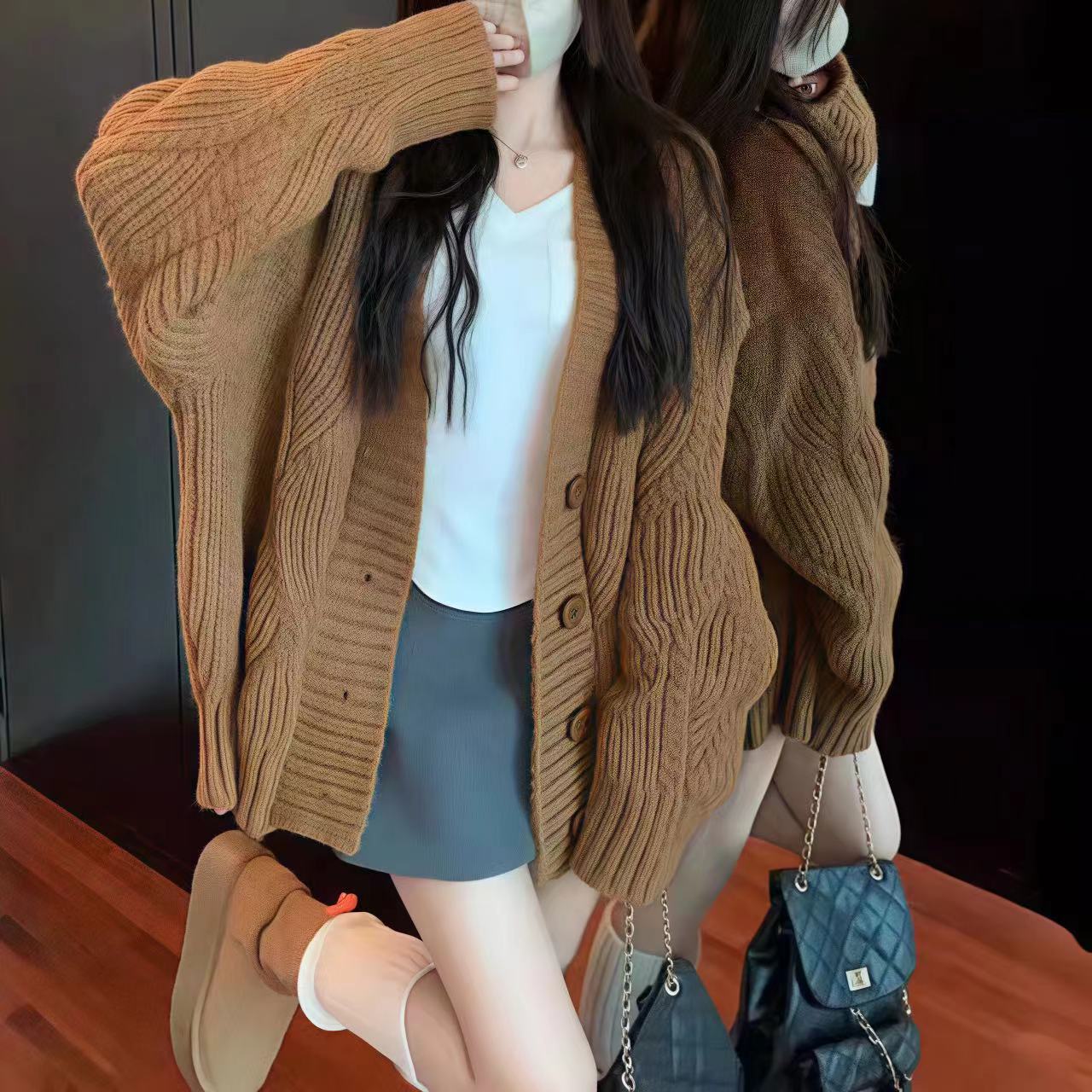 Korean Style Retro Twist Knitted Cardigan V-Neck Top Autumn and Winter New Loose Lazy Style Soft Waxy Sweater Women's Jacket