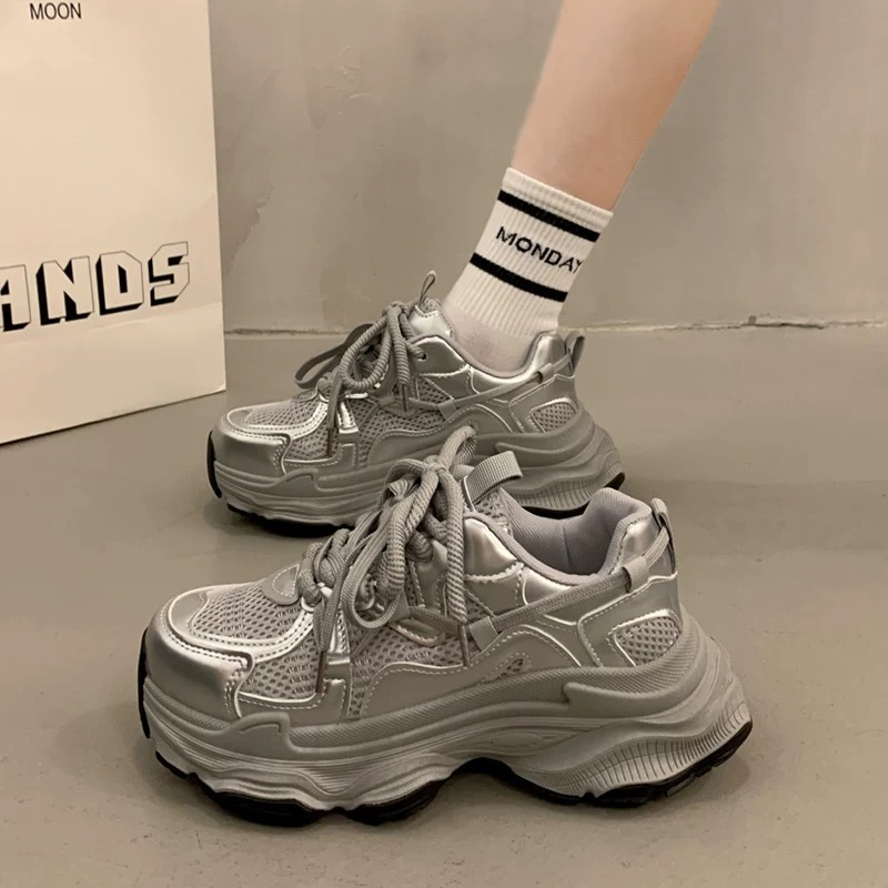 Popular Thick-Soled Silver Dad Sneakers for Women, 2026 New Spring/Summer Breathable Thin Style Height-Increasing Casual Versatile Sports Shoes