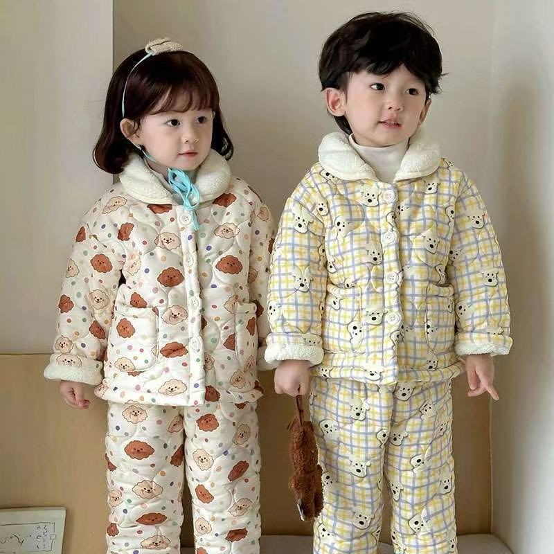 Cross-border children's winter fleece-lined pajama set, autumn and winter, thickened and warm two-piece set for boys and girls.