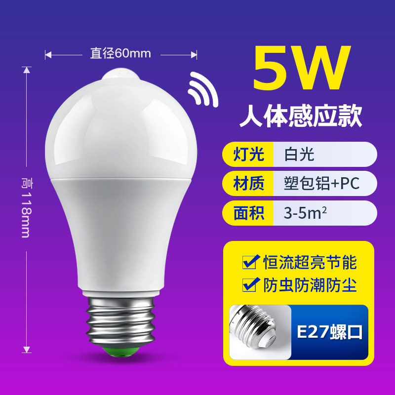 Bombilla LED con sensor de radar, sensor de cuerpo humano, control de sonido y luz, bombilla inteligente para propiedades, pasillos, ahorro de energía, casquillo E27.