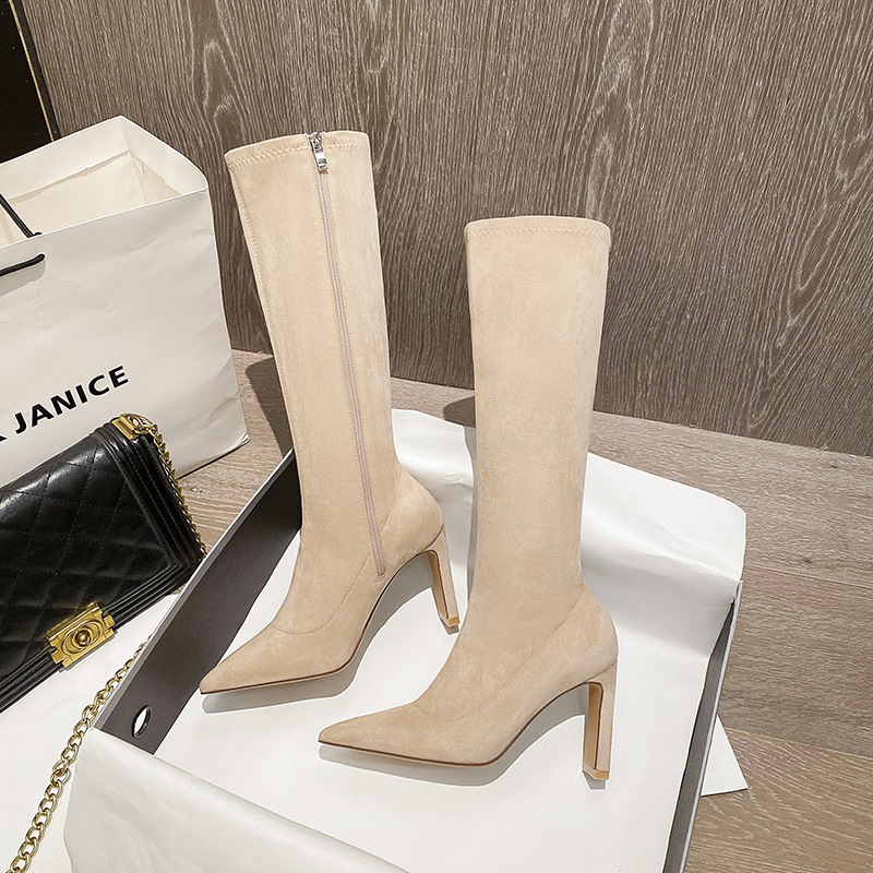 Trendy Women's Knee-High Boots 2025 New Autumn and Winter High-Heeled Boots Pointed Toe Chunky Mid-Calf Boots