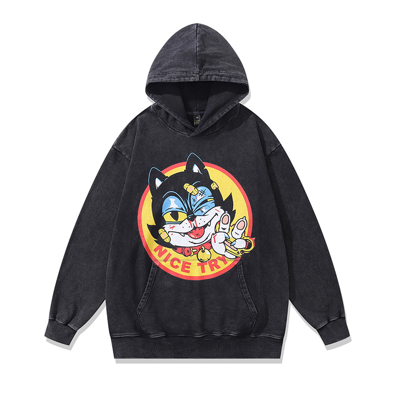 TKPA美式高街潮牌衛衣卡通復古印花重磅洗水寬鬆連帽衛衣外套男女