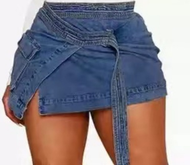 Women's High-Slit Asymmetric Denim Mini Skirt Raw Hem Side Pockets Stretch Fit Light/Deep Blue S-2XL_voghion.com