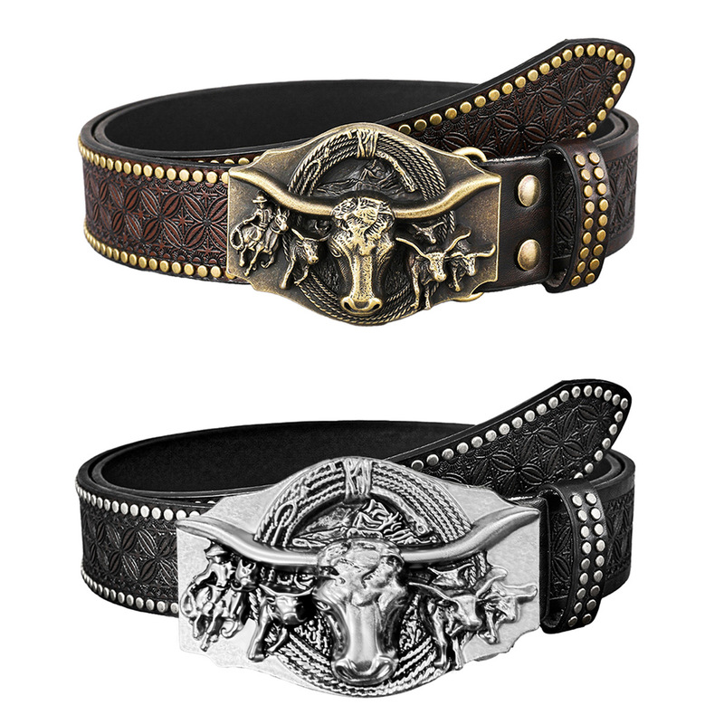 New Style Western Cowboy Belt with Bull Head Design, Popular Unisex Vintage Design Belt, Durable and Trendy New Style Western Cowboy Belt with Bull Head Design, Popular Unisex Vintage Design Belt, Durable and Trendy