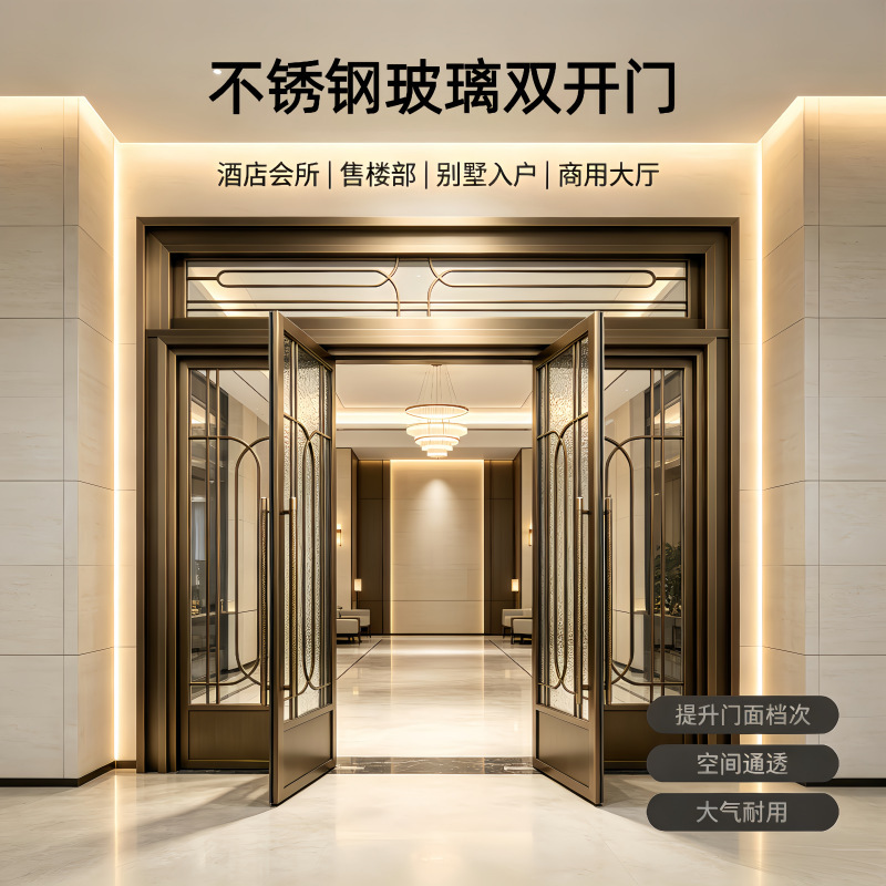 Commercial stainless steel tempered glass double-door sliding doors for sales offices, hotel entrances, and commercial buildings