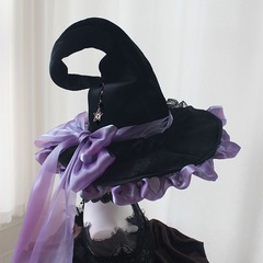 手作り大きなつばの魔法の帽子ハロウィン帽子ゴシックダークブラックパープルリボンロリータ魔女帽子