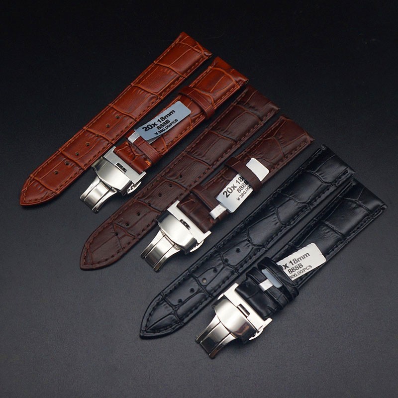 Genuine Leather Strap Double Press Butterfly Buckle Hand Fashionable Leather Strap First Layer Cowhide Strap Bamboo Flower Crocodile Pattern Men and Women