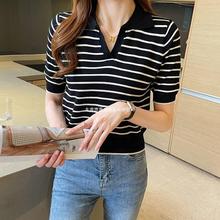 黑白条纹针织上衣女2024年新款夏季短袖V领翻领T恤polo领小衫女装
