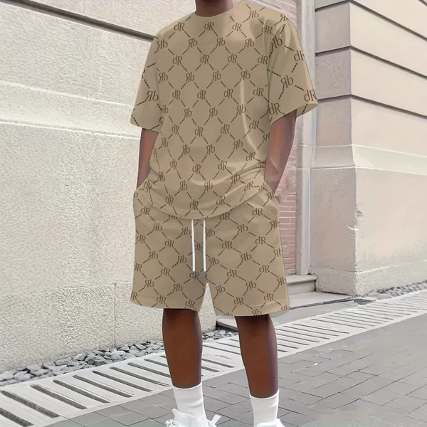 Trendy Streetwear for Men That Catches the Eye: Comfortable Round-Neck Short-Sleeve T-Shirt + Drawstring Waist Shorts Casual Sports Two-Piece Set