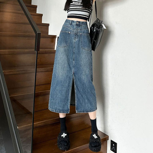 Small niche high-waisted denim slit semi-body leisure meat-hiding A-line medium-long retro bustier dress for women and children